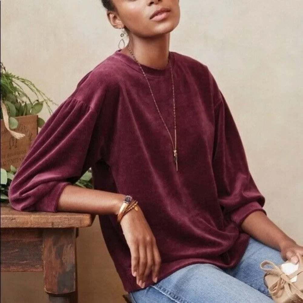 Garnet Hill Moonrise Velour Pullover S Burgundy Relaxed Fit Cotton Modal Top